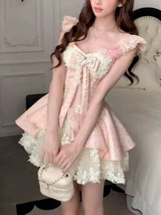 LIZAKOSHT - French Sweet Kawaii Lolita Dresses Women Chic Flower Design Lace Mini Pink Dress Japanese Fairy Princess Birthday Party Dresses
