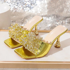 LIZAKOSHT  -  Summer Open Toe High Heels Slippers for Women String Beads Fashion Golden Slides Party Shoes Fashion Slingback Sandals Female