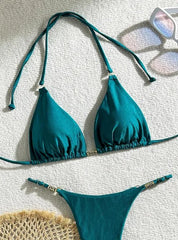 LIZAKOSHT - Solid Color Metal Decorative Bikini Sexy Halter Neck Tie Backless Swimsuit