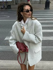 LIZAKOSHT - Fashion Classic Grey Women's Jacket Skirt Set Solid Color Turndown Collar Single Breasted Jackets Slim Fit Short Skirts Sets