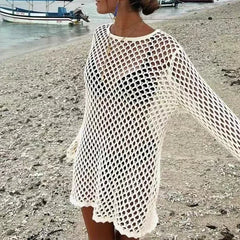 LIZAKOSHT - Seaside Hollow Out One Piece Vacation Covers Summer Solid knitted Fish Mesh Pullover Tops 2025 Long Sleeve White Full Dresses