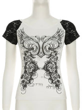 LIZAKOSHT - Contrasting Printed Raglan T-shirt Women's Summer Y2K Hot Girls Casual Tight Fitting O-neck Top Fashion Female Clothes