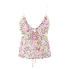 LIZAKOSHT - Europe and America Sexy Deep V-neck Lace Stitching Floral Small Suspenders Summer New Slim Holiday Vest Women