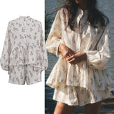 LIZAKOSHT  -  2025 French Style 2pcs Set Puff Sleeve Blouse & Printed Shorts High Neck Ruffle Trim Elegant Coords for Spring Summer