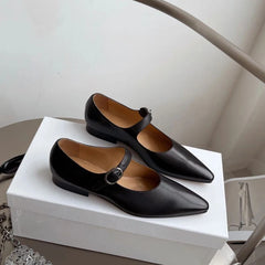LIZAKOSHT - Mary Jane Shoes Black French Style Leather Shoes Women's Summer Chunky Heel Pointed-Toe Shoes Flat Ankle-Strap Buckle New