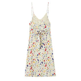 LIZAKOSHT - Holiday Women Beige with Colored Geometric Dot Print Sling Dress V Collar Tie Bow Back Midi Long Dresses Vestidos Summer Robe