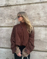 LIZAKOSHT  -  Retro Brown Suede Short Jacket Elegant Women Stand Collar Full Sleeves Single Breasteds Loose Coats Autumn Chic Lady Street Wear