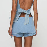 LIZAKOSHT - Women Summer Denim Skorts Casual Drawstring Mini Jeans Skirt for Beach Vacation Club Streetwear Y2K Aesthetic Clothes