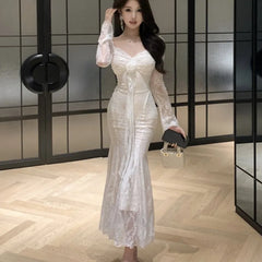 LIZAKOSHT - Elegant Bodycon Lace Midi Dresses for Women Square Collar Slim Waist Flare Collar Mermaid Evening Party Dress Prom Robe New