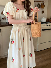 LIZAKOSHT - Beige Women Long Dress Florals Embroidery Fashion Summer Holiday Puff Sleeve Princess Sweet Chic Elegant Daily