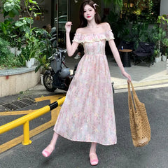 LIZAKOSHT  -  Beautiful Lace Square Neck Small Flying Sleeve Floral Dress with Temperament Waist-hugging and Slimming A-line Long Skirt