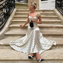 LIZAKOSHT - Summer Weird Puss Polka Dot Print 2 Piece Set Woman 3d Flower Decoration Low-Neck Backless Camisole+Long Skirts Ruched Set