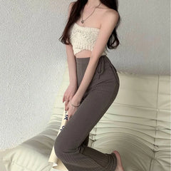 LIZAKOSHT - Korean Lace-up Pleated Solid Color Casual Pants Women Summer New High Street Sexy Slim Knitted Wide Leg Pants