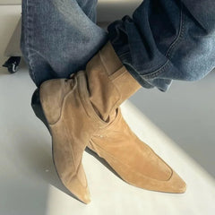 LIZAKOSHT - Winter New Suede Ankle Boots Women Fashion Retro Pointed Toe Belt Buckle Design Wedge Cowboy Boots Botines Para Mujeres