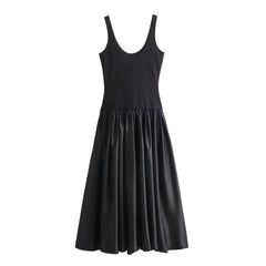 LIZAKOSHT - Ins Blogger Retro Knitted PU Leather Patchwork Dress Fashion Elegant Party Tank Dress Women