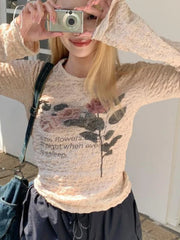 LIZAKOSHT - Letter Spring Auturm Vintage T Shirt Women Long Sleeve Crop Tops Y2k Print Tshirts American Retro Tee Tops Outfits