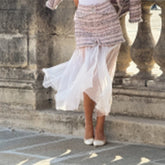 LIZAKOSHT - Tweed Coats Skirts Sets Women O Neck Long Sleeves High Waist Patchwork Mesh Suits Female New Chic Street Sets 2 Pieces