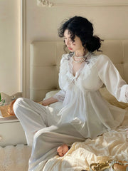 LIZAKOSHT - Women's Pajama Set Long Sleeve Lace Ruffles Summer Ladies Silk Like Sleepwear 2 Pcs with Pants Cute Pijama Suit for Female