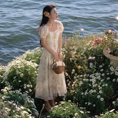 LIZAKOSHT - Summer Elegant Puff Sleeve France Dress Female High Waist Slim Floral Print Holiday Midi Dress Women One Piece Beach Dress