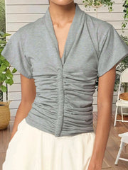 LIZAKOSHT - Women s V Neck Short Sleeve Pleated Solid Color Fit T-shirt Casual Summer Top for Daily Streetwear Fashion