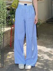 LIZAKOSHT - Women's Casual Stripe Trousers Loungewear Elastic High Waist Letter Sign Wide Leg Pants with Pockets for Streetwear Y2K