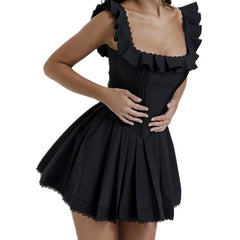 LIZAKOSHT - Woman Sleeveless A line Mini Robe Sexy Black Spliced Lace Square Collar Ruffles Wood ears Strap Corset Style Sling Dress