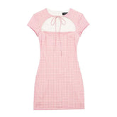 LIZAKOSHT  -  Spring/summer European and American Ladies' Short-sleeved Dresses with Small Plaid Pink Ribbons and Knotted Bows.