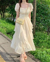 LIZAKOSHT  -  Summer Chiffon Fairy Dress Women Short Sleeve Vintage Midi Long Elegant Korean Fashion Clothing Beige Pink Tierred Dresses Party