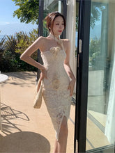 LIZAKOSHT - Sleeveless Slim Floral Women Summer Dress Split Bodycon Robe Dresses Halter Solid Backless Party Dress