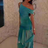LIZAKOSHT - Sexy Sleeveless Fit Split Maxi Dress Summer Backless High Waist Pleat Chiffon Beach Dress Trendy Gradient Print Slash Neck Dress