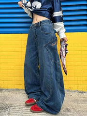 LIZAKOSHT  -  Cyber Y2K Streetwear Blue Wide Leg Baggy Harem Jeans Pants For Women Designer Clothes Multi Pockets Straight Lady Trousers