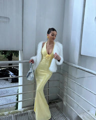 LIZAKOSHT - Sexy 3d Flower Sequins Backless Halter Maxi Dress Women Fashion Deep V-neck Split Bodycon Dresses 2024 Lady High Streetwear Robe