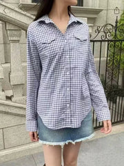 LIZAKOSHT - Pockets Navy Plaid Blouse Woman Spring Turn Down Collar Single Breasted Loose Shirts Female Vintage Streetwear Cotton Blouses