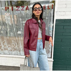 LIZAKOSHT - Chic Zipper Bomber Leather Jacket For Women Fashion Lapel Long Sleeve Cropped Jackets Autumn Female Commuting Streetwear