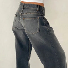 LIZAKOSHT  -  Women Jeans Low Waist Zipper Button Solid Color Trousers with Pockets for Daily Streetwear