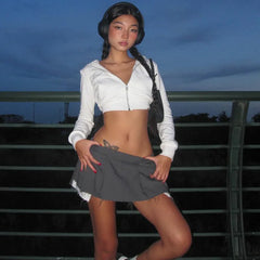 LIZAKOSHT - Women's Autumn New Short Style Slimming Cropped Long Sleeve Jacket Street Fashion White Coat Zipper Hoodie Trendy