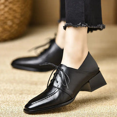 LIZAKOSHT - Women's Shoes New Spring/Autumn Retro Square Toe Deep Mouth Soft Leather Thick Heel Lace-up High Heels Ladys Single Shoes