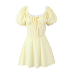 LIZAKOSHT  -  Sweet Women Lace Trim Yellow Dress Vintage Puff Sleeve Ladies A-line Mini Summer Dresses Lacing Up Robe