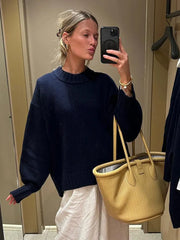Lizakosht Solid Knit O-neck Elegant Women Pullover Long Sleeve Oversized Loose Soft Warm Sweater Autumn Winter Chic Casual Streetwear