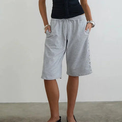 LIZAKOSHT - Women Y2k Baggy Sweat Shorts Studded Gym Knee Length Capri Shorts Elastic Waist Drawstring Loose basketball Short Pants