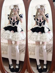 LIZAKOSHT - Kawaii Lovely Bow Lolita Dress Women's Design Sweet Slim Patchwork Japanese Dresses Summer Pretty Lace Up Thin Princess Dress
