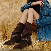 LIZAKOSHT - Big Size 42 Vintage Maillard Style Brown Cowboy Boots Women Buckle Belt Retro Black Mid-calf Boots Shoes Winter Western Booties