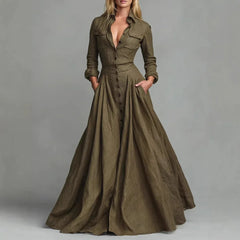 LIZAKOSHT - European American Women Dresses Retro Turndown Collar Pocket Long Dress Autumn Single Breasted Long Sleeve A-Line Street Dress