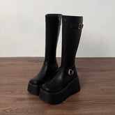 LIZAKOSHT  -  Platform Wedges Heel Women High Boots Fashion Belt Buckle Slim Long Booties Autumn Winter Women's Knight Botas Altas