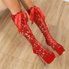LIZAKOSHT - Suede Leather Peep Toe Thick Bottom Super High Heels Knee High Women Boots Hollow Out Butterfly Knot Fashion Rome Female Shoes