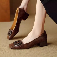LIZAKOSHT - Soft Leather Comfortable Women's Single oes Spring Autumn Sle Square Head No Fatigue Thi Heel Match Skirt oes Casual