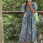 LIZAKOSHT - Vestidos Mujer Sweet Spring Summer Blue Print Floral Vintage Woman Dress Korean Fashion Puff Sleeve Long Dress