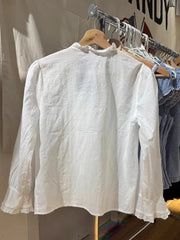 LIZAKOSHT - Lace Patchwork Long Flare Sleeve T-shirt Blouse Woman Autumn V-neck Single Breasted See Through Cotton Shirts White Thin Tees