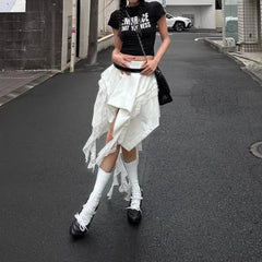 LIZAKOSHT - New Small Style Lace Splicing Irregular High Waist A-line Short Skirt