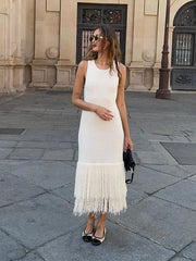 LIZAKOSHT - Elegant Tassels Hem Patchwork Women Knit Dress Chic O-neck Sleeveless Bodycon Midi Dresses 2024 Summer Lady Beach Vacation Robes